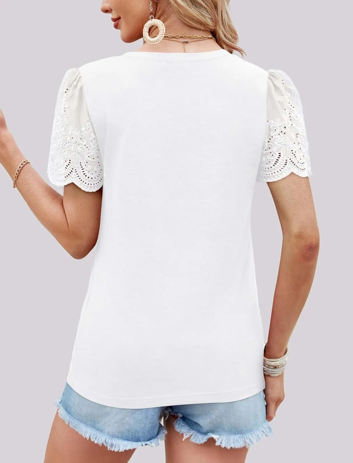 XIEERDUO Lace Puff Sleeve Tops for Women 2024 V Neck Shirts Womens Shirts Dressy Casual Loose Tops Summer Tee Shirt
