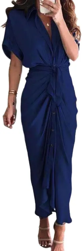 ZWRXW Dresses for Women Button Down Ruched Shirt Dresses Short Sleeve Lapel V Neck Maxi Dress Elegant Work Dress with Belt